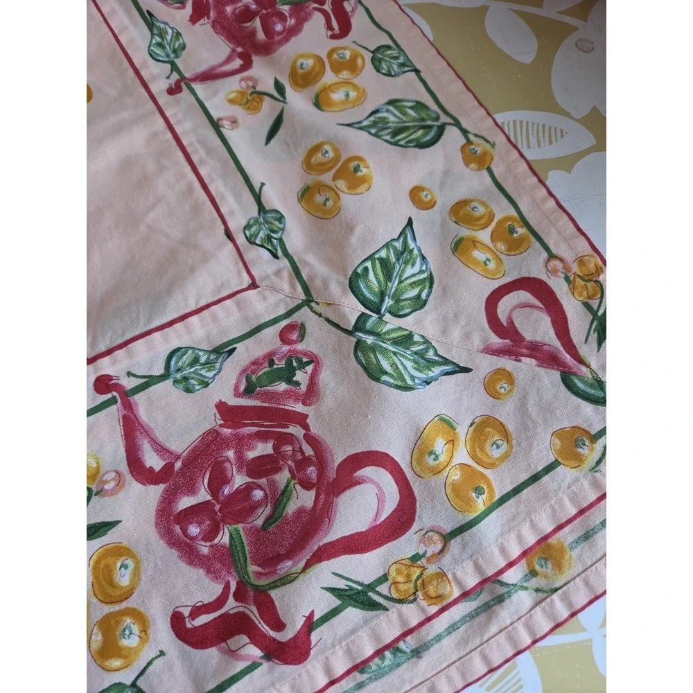 April Cornell Tablecloth 52x52 Square Peach Teapot Floral Border Unique